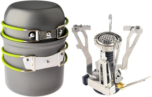 Petforu Canister Stove Set with Campfire Cookware Pots & Pans for Backpacking & Camping