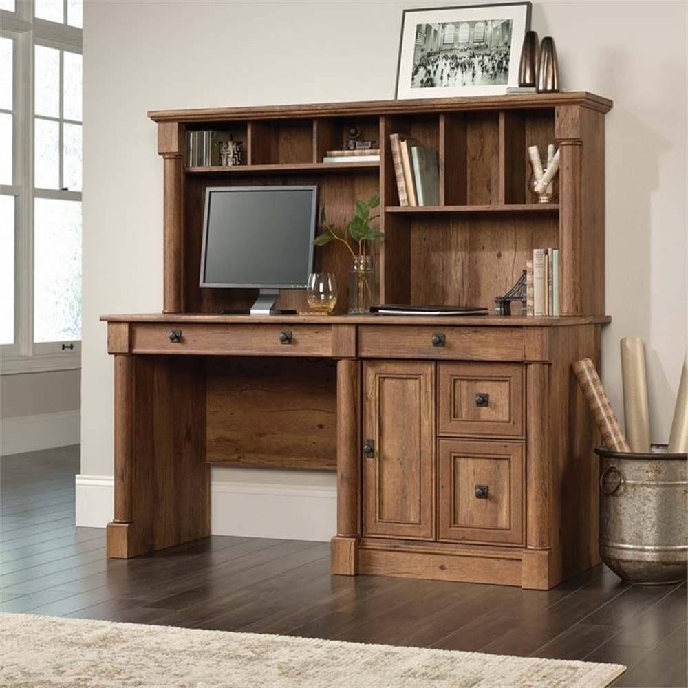 Pemberly Row Contemporary Wood Computer Desk with Hutch in Cherry