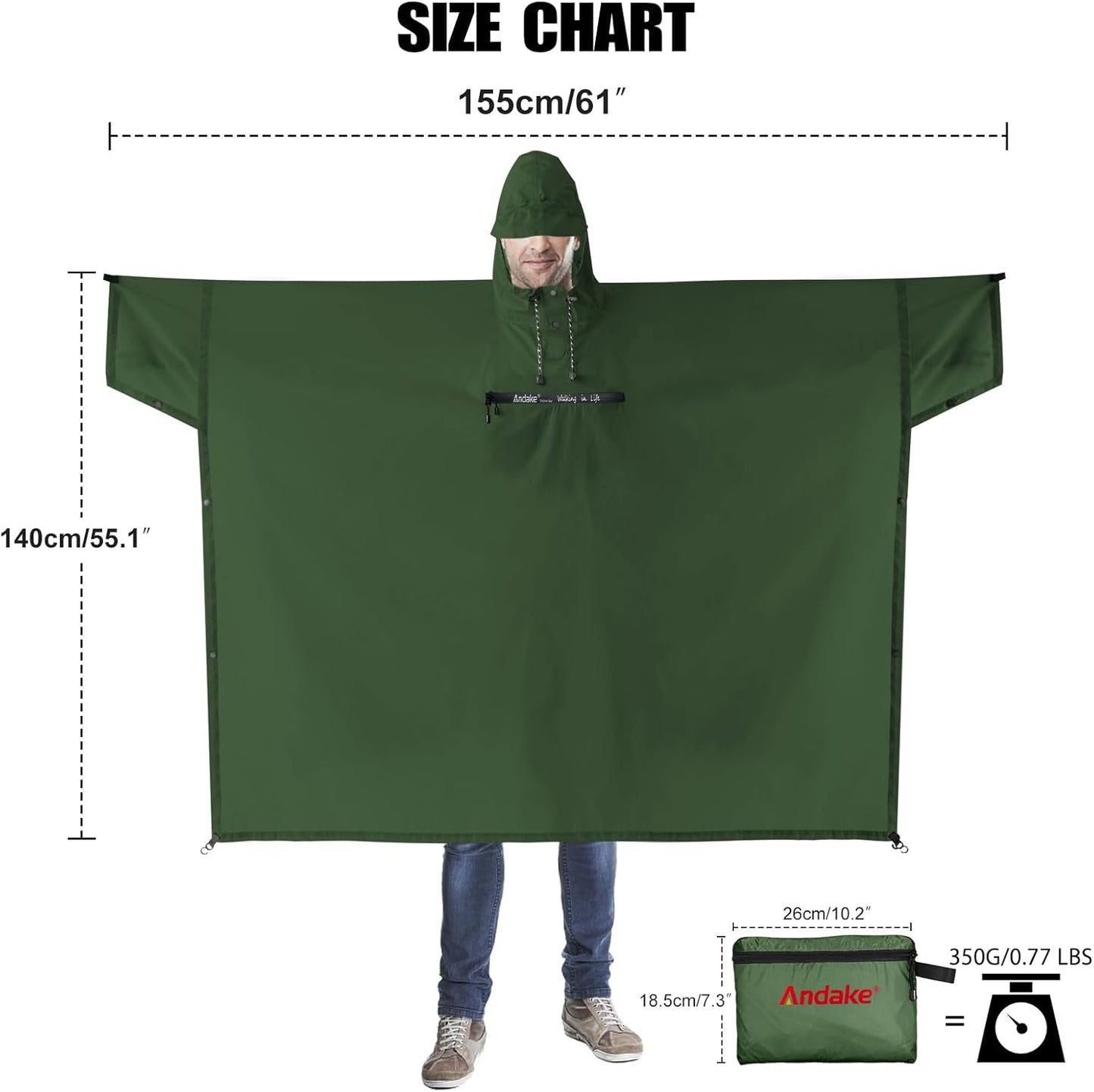 Andake Waterproof Rain Poncho for Adults Unisex,230T Ripstop Polyester,Raincoat Gear with Transparent Viewing Window Outdoors