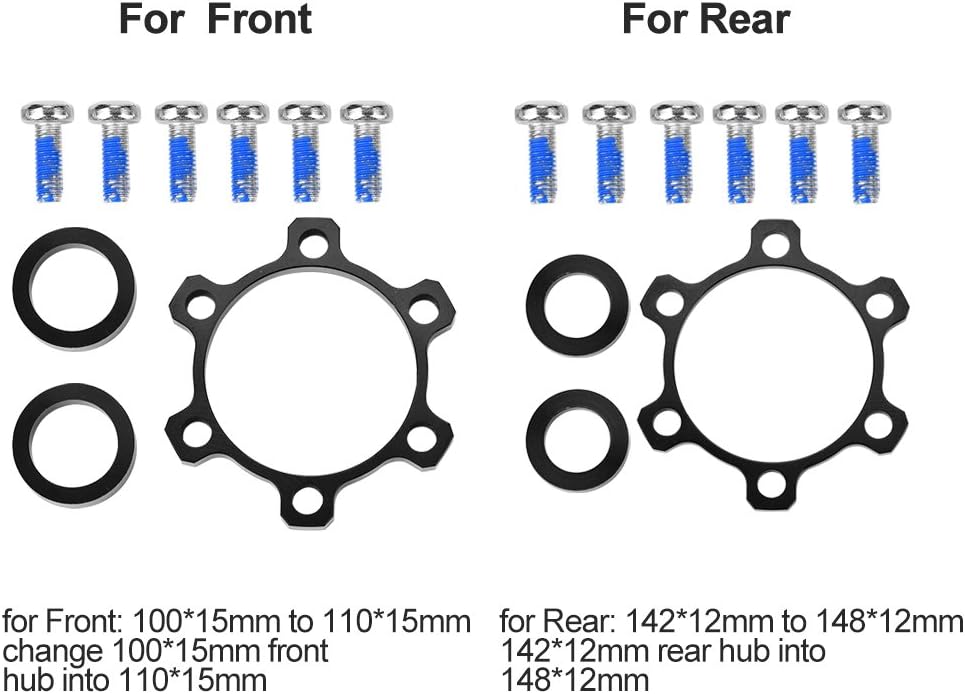 Alloy Bike Hub Adapter Conversion Front 100 * 15 to 110 * 15 - Rear 142 * 12 to 148 * 12 Freewheel Threaded Hubs Adaptor Disc Brake Rotor Bolts
