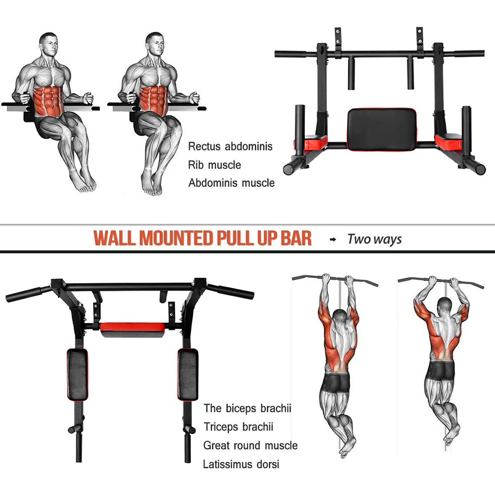 KAERMU Pull Up Bar Wall Mounted Chin Up Bar Wall Mount Multifunctional Dip Station for Indoor Home Gym Workout,Power Tower Set Training Equipment Fitness Dip Stand Supports to 440 Lbs