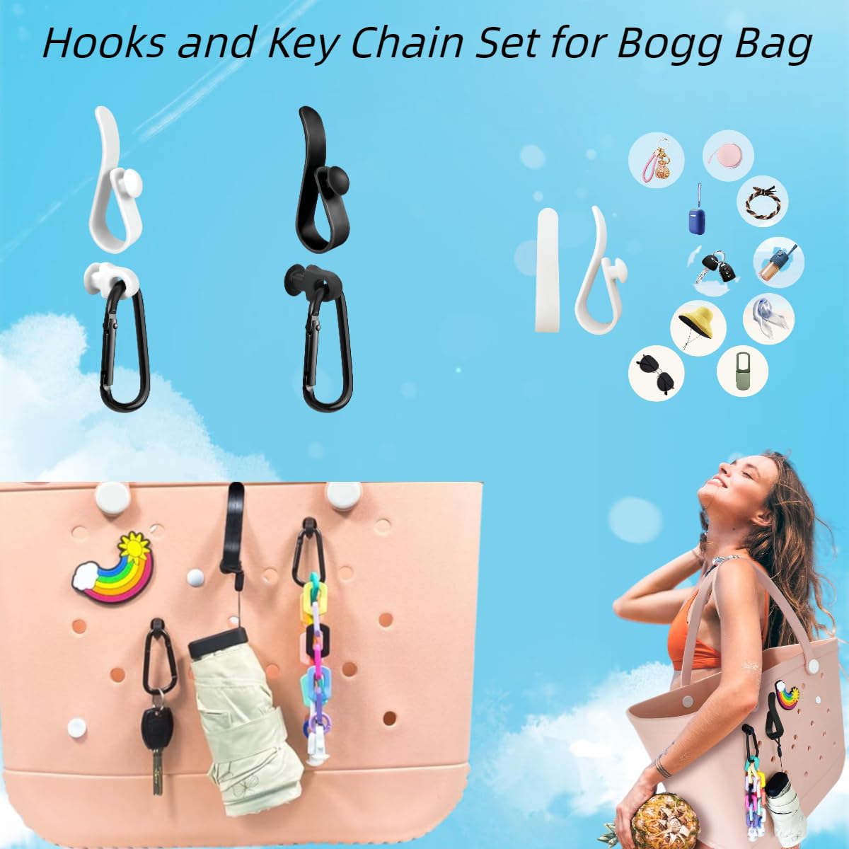 Accessories for Bogg Bag, 4 Pcs Replacement Handle Buttons for Bogg Bag, 2 Hooks for Bogg Bag, 2 Insert Charm Carabiner Key Chain for Bogg Bag, Bogg Bag Clips