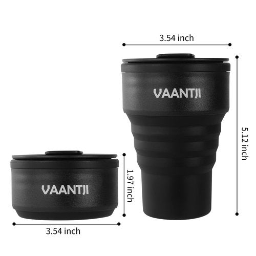 VAANTJI Travel Reusable Silicone Collapsible,13 oz/375 ml,Collapsible Travel Mug,Collapsible Cup for Hot and Cold Drinks (Black)