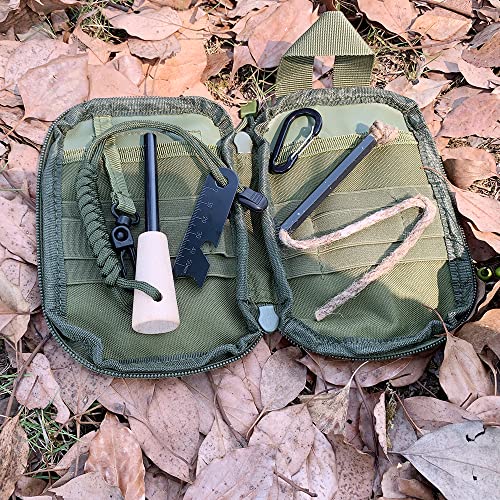 Fire Starter Survival Kit with Large Ferro Rod & Wick Hemp Cord - Green Bag