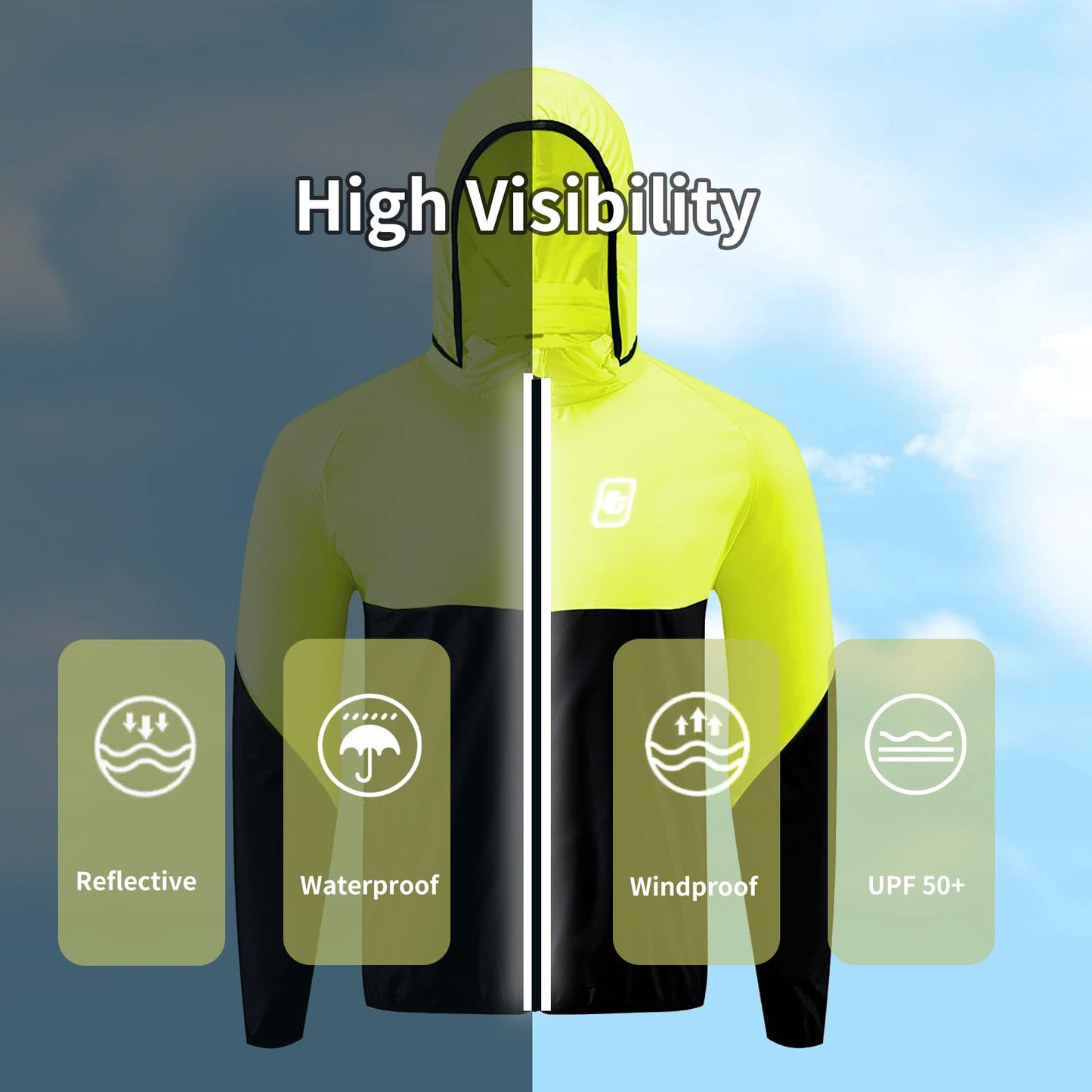 CGLRybO Cycling Jacket Mens Lightweight Running Windbreaker Hooded Quick-dry Hiking Travel Rain Coats Reflective