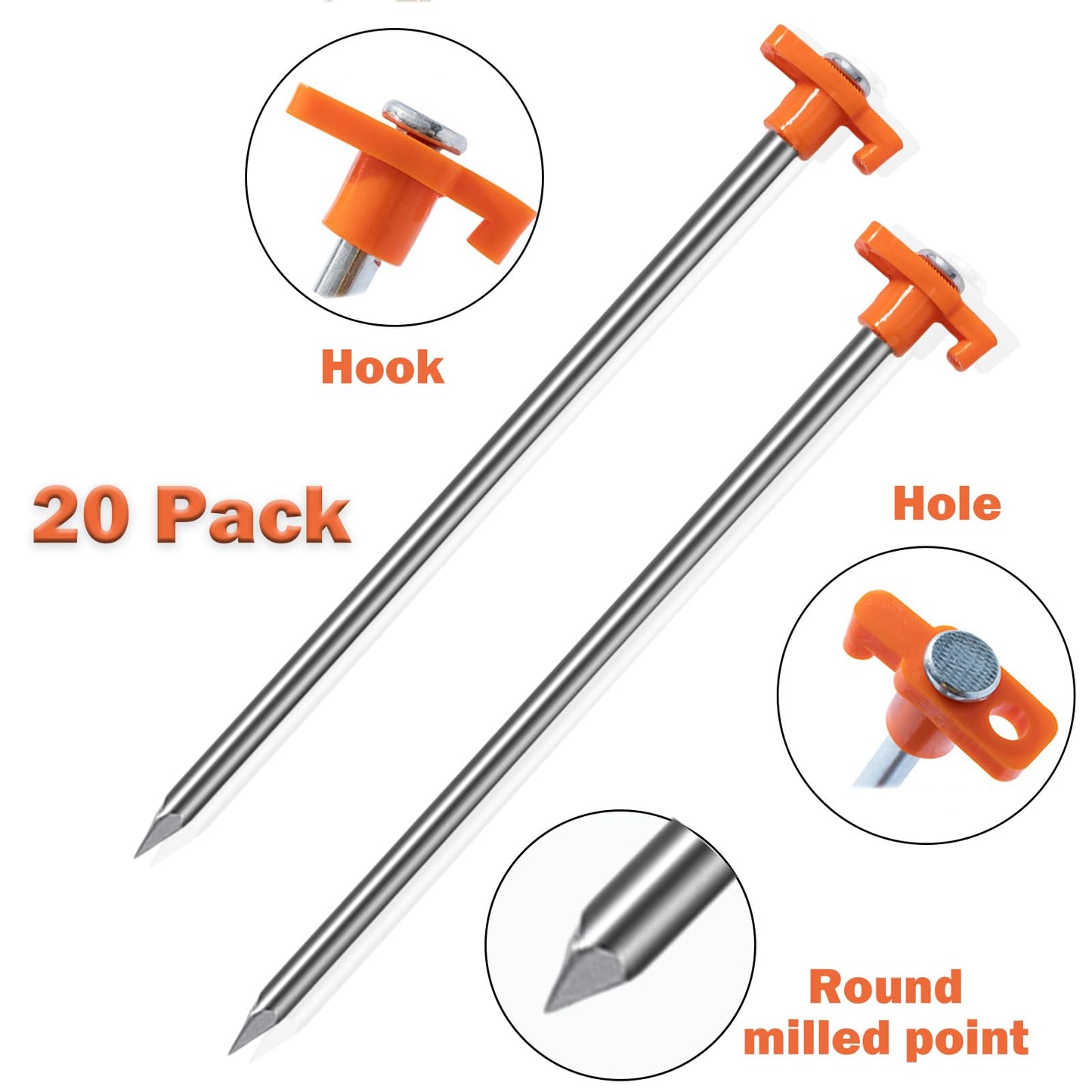 Cheardia 20 Pack Tent Stakes Heavy Duty, 9.75 Inch Yard Stakes Non-Rust Metal Tent Pegs Ground Stakes Tent Spikes for Camping Patio, Garden, Canopies, Grassland, Outdoor, Orange