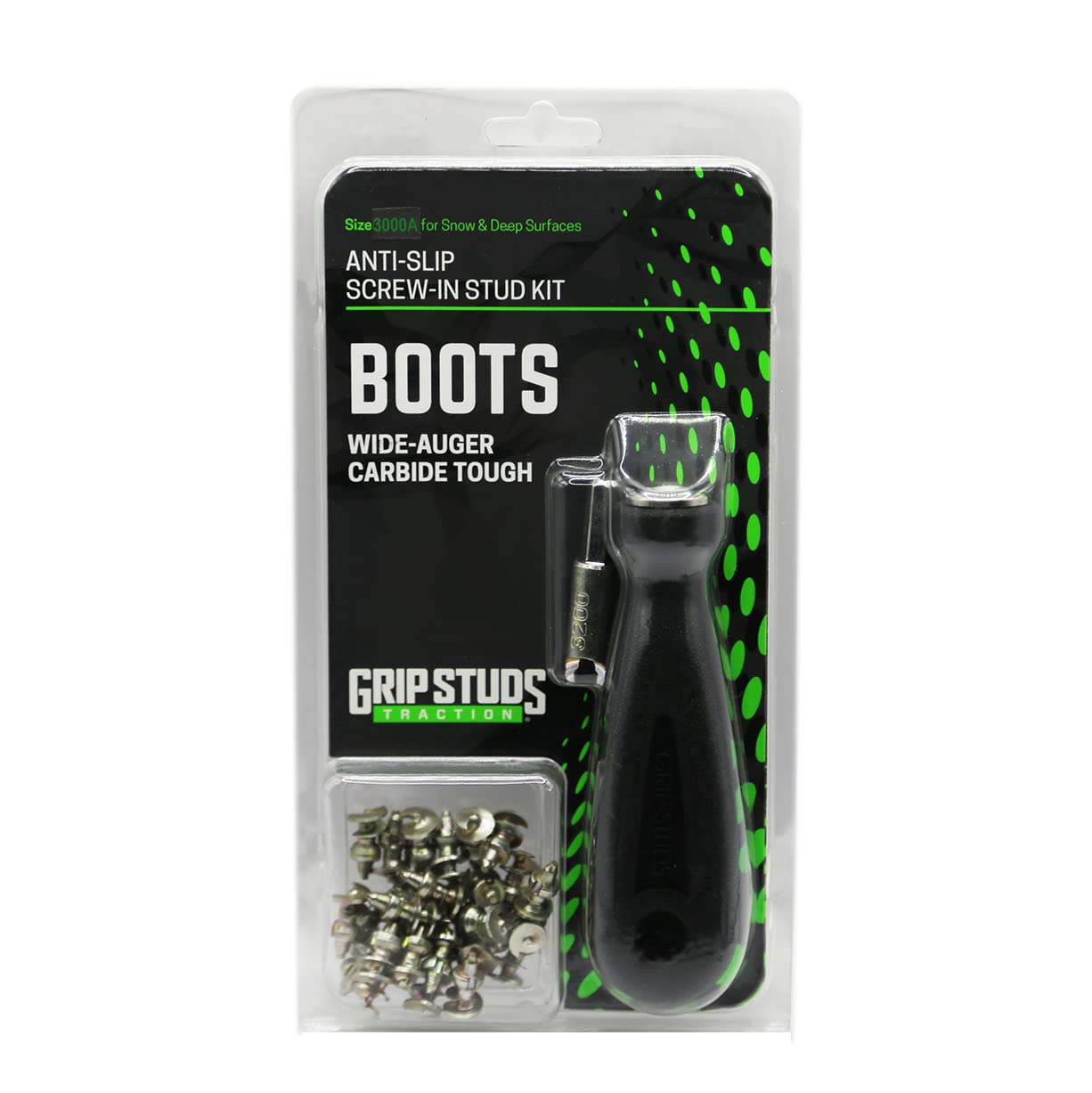 3000A - 4.4mm Prominence - GRIPSTUDS Wading Boot Studs - Pack of 28 - Tungsten Carbide Core Screw in Studs - Spikes for Traction in Wading Boots - Includes Installation Tool