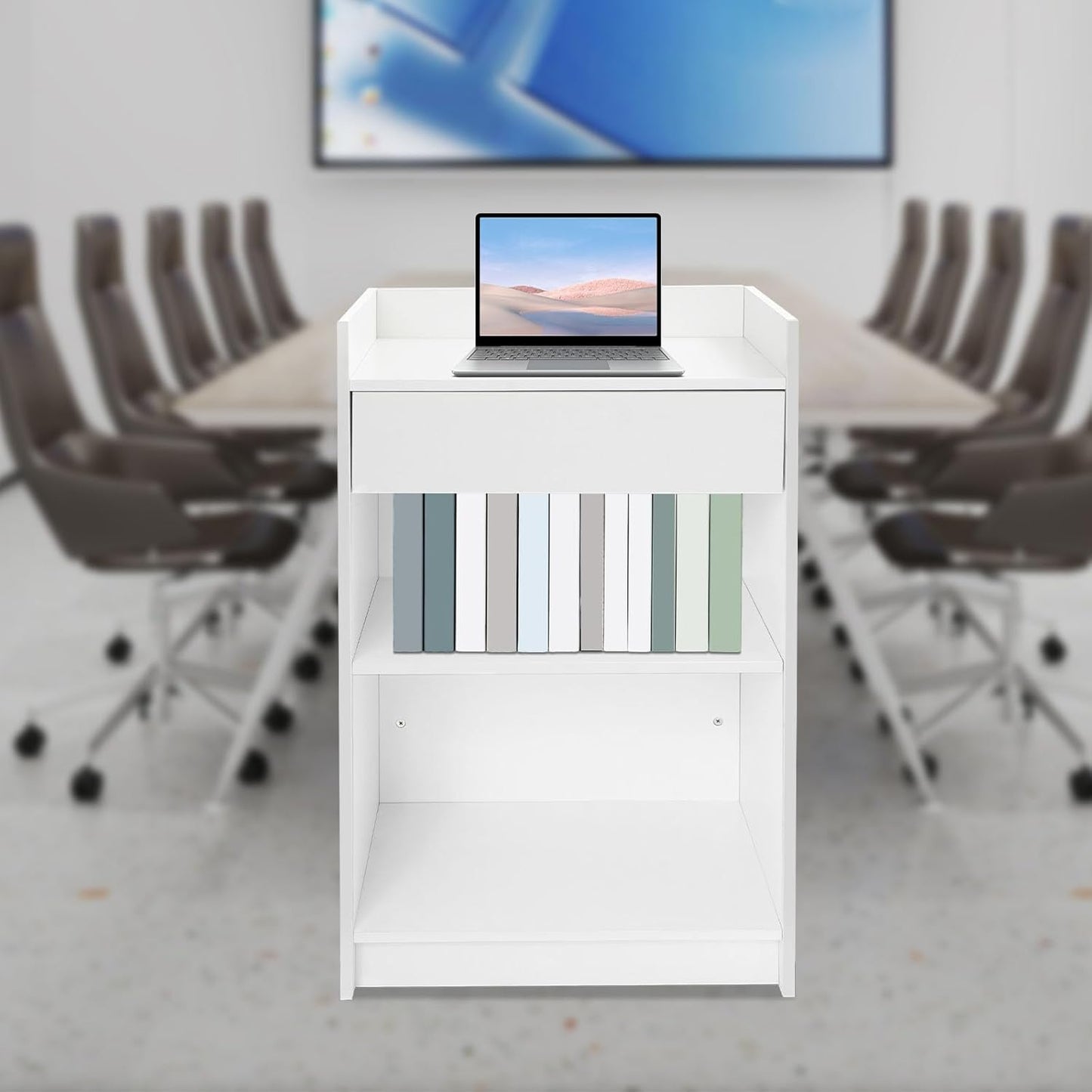 Podium Stand with Drawer and Shelf, Checkout Counter Cash Register Restaurant Hostess Wood Lectern, Church Pulpit with Storage, 24" W X 38" H X 18" D (Brown)