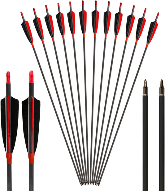 Archery Carbon Arrows 400 Spine with 4” Real Feather Fletching 100 Grain Points for Compound Recurve Longbow (12 Pack)