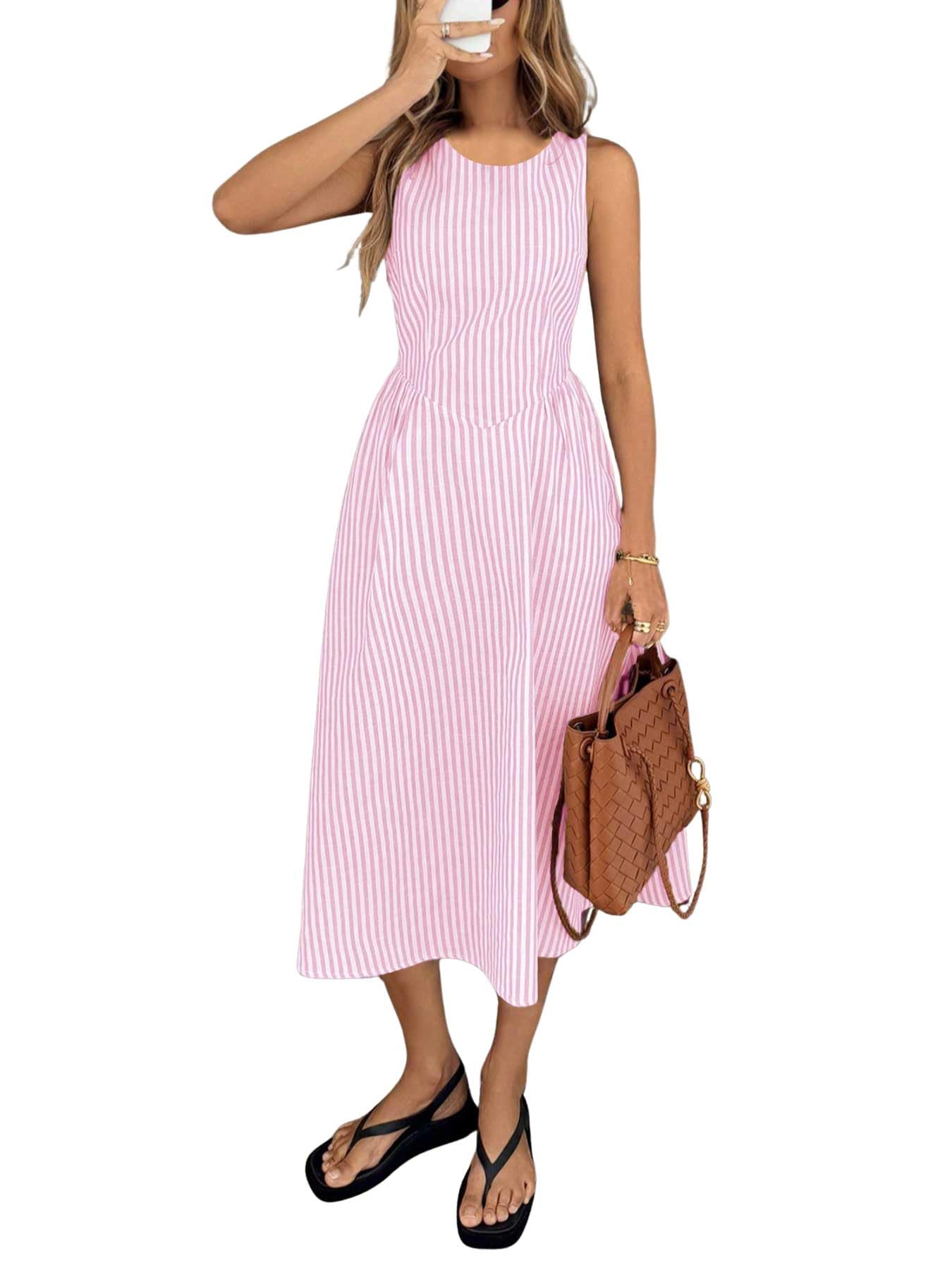 chouyatou Women's Sexy Sleeveless Striped Pleated Dress Drop Waist Flared Swing Midi Long Tank Sun Dress (Medium, Pink)
