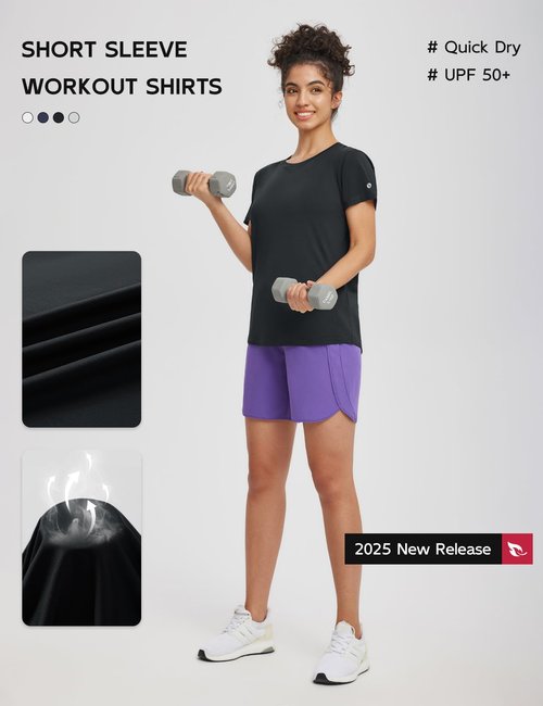 baleaf Women's Running Shirts Short Sleeve Workout Athletic Tops Moisture Wicking Quick Dry Exercise Hiking UV Sun Shirt Black M
