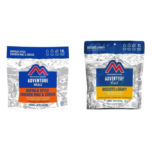 Mountain House Buffalo Style Chicken Mac & Cheese + Biscuits & Gravy | Freeze Dried Backpacking & Camping Food | 2 Servings Each