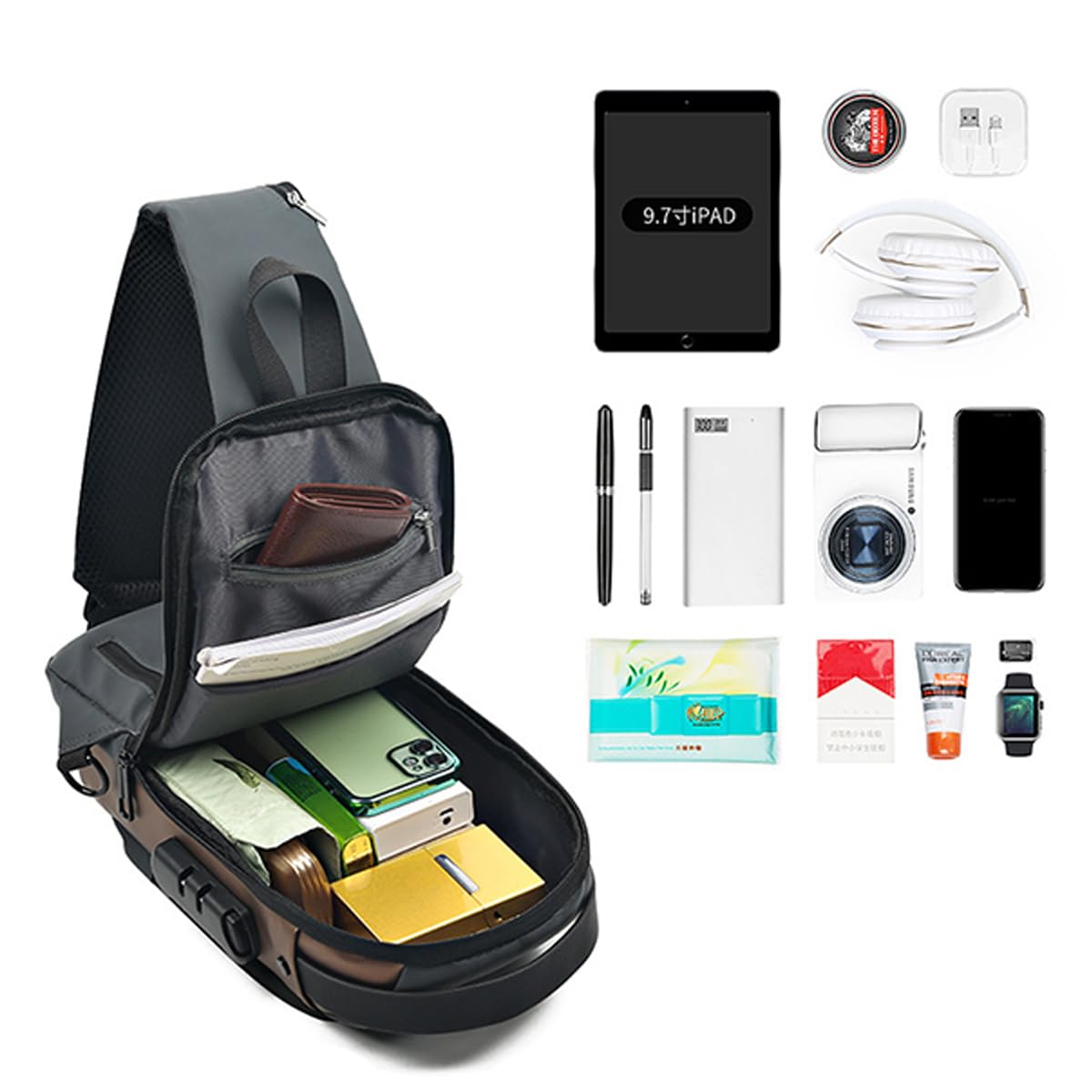 GLOOMALL Men's Crossbody Bag Fashion Chest Bags Anti Theft Sling Bag Medium Capacity PU Leather Shoulder Bag with USB Charging Port (Black Gold)