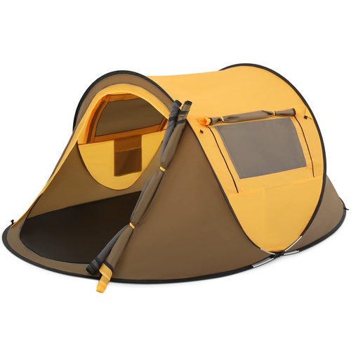 MoNiBloom Tent for Camping 3 Person Outdoor Pop Up Easy Set Up Automatic Family Travel Weatherproof Tent, 2 Doors and Side Windows Instant Easy Popup Beach Tent with Carry Bag, Earth Yellow