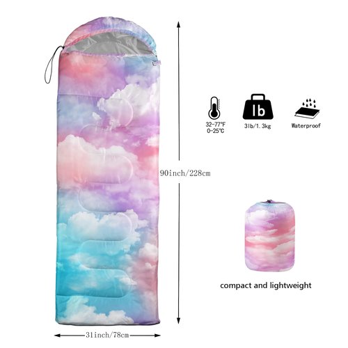 BSNTHO Color Cloud Printed Camping Sleeping Bags,3 Season Warm & Cool Weather,Lightweight,Waterproof Sleeping Bags for Adults & Kids,Traveling,and Outdoors,Camping Gear Equipment,31x90inch