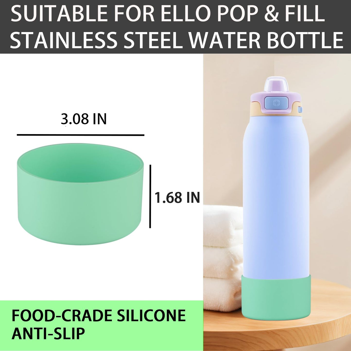 2 PCS Ello Pop Water Bottle Boot, Silicone Bottom for 22 OZ Stainless Steel Water Bottle, Accessories to Avoid Scratches and Noise (Green, 22oz)