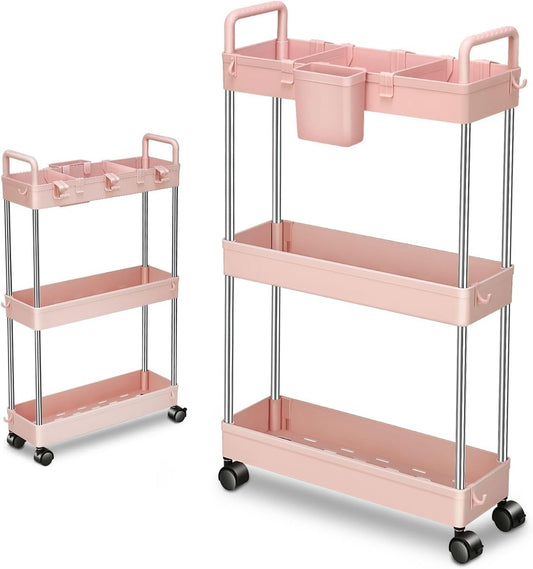 DNA MOTORING 3 Tier Slim Rolling Storage Cart, Plastic Utility Cart Organizer, Mobile Shelving Unit Utility Cart for Garage, Warehouse, Kitchen, Bathroom, Narrow Space, w/Wheel, White, TOOLS-00797-WH