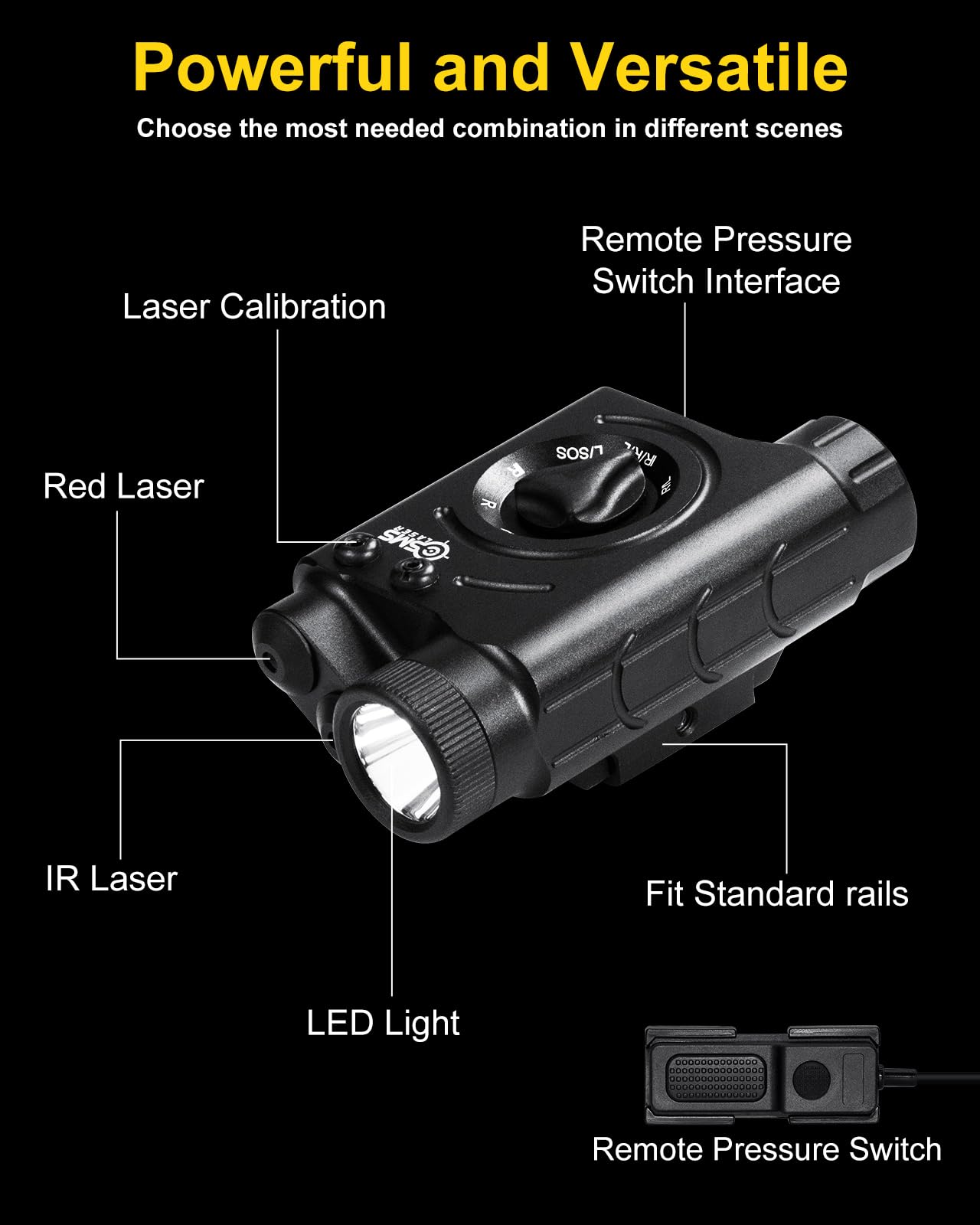 1200 Lumens Tactical LED Flashlight/IR Laser/Red Laser Sight Combo with Remote Pressure Switch, Compatible with All Standard Picatinny/M-LOK Rails, Built-in 3000mAh Rechargeable Battery