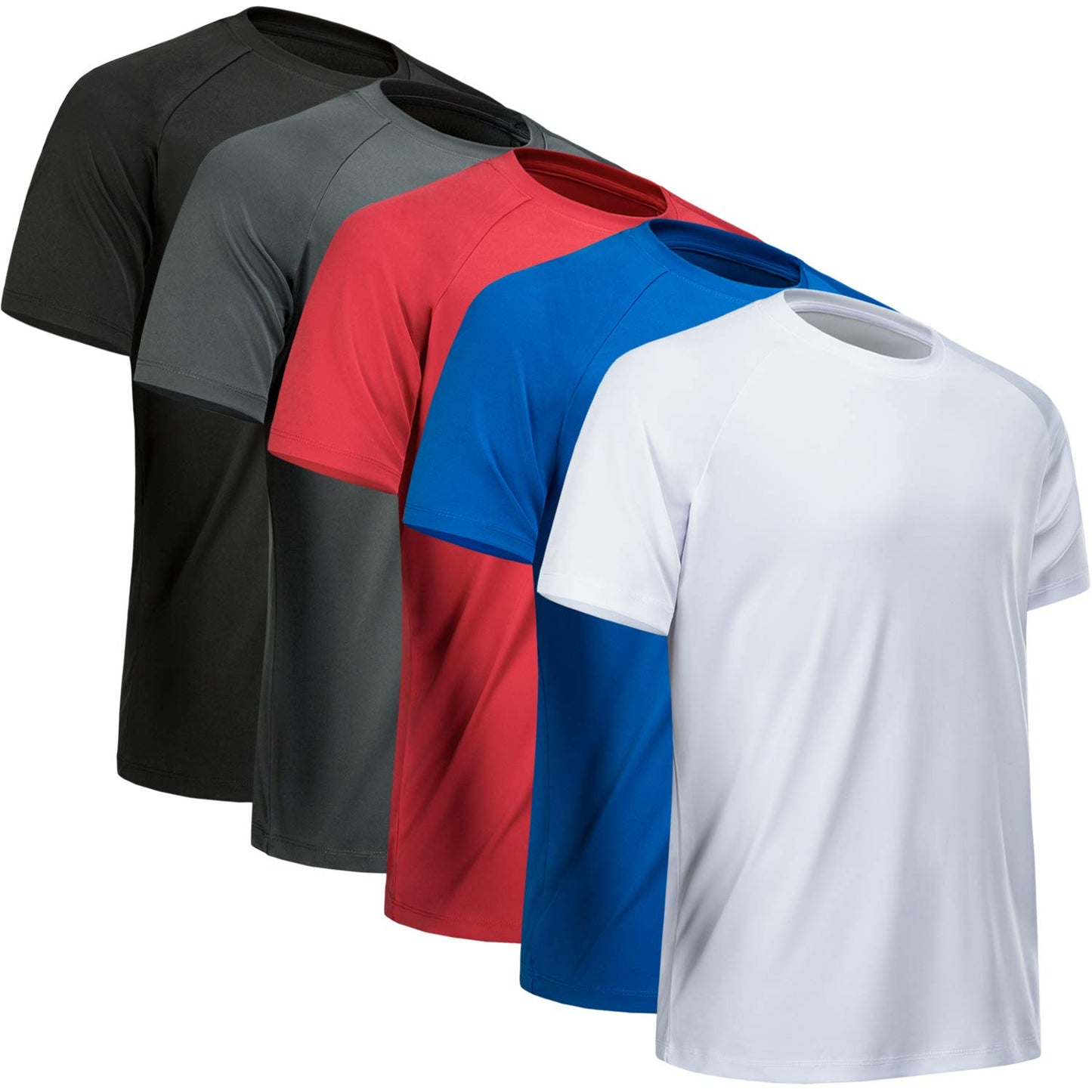 MCPORO Workout Shirts for Men Short Sleeve Quick Dry Athletic Gym Active T Shirt Moisture Wicking 5 Pack Black, Dark Grey, White, Blue, Red X-Large