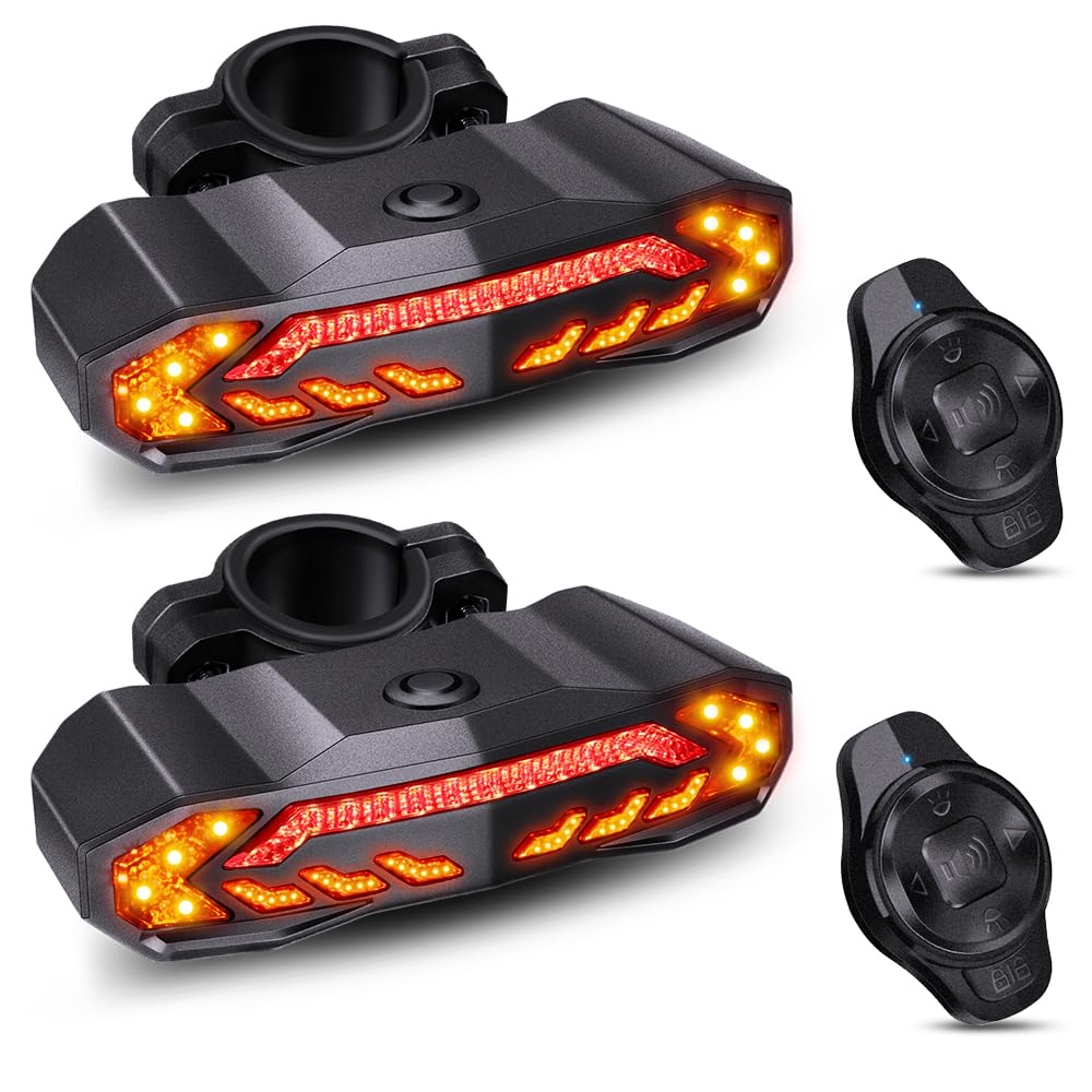 ONVIAN 2 Pack Smart Bike Tail Light with Turn Signals, Bike Alarm with Wireless Control Remote, USB Rechargeable Rear Bike Light, IP65 Waterproof Auto ON/Off Bicycle Lights for Night Riding