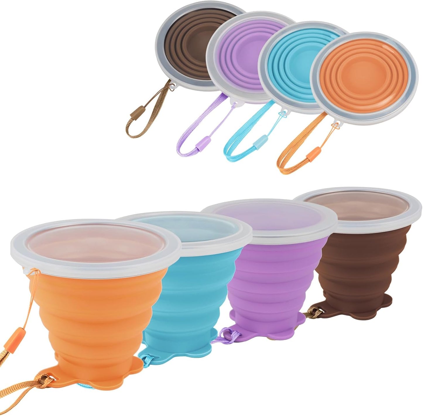 JBER Silicone Collapsible Travel Cup, 4 Pack Silicone Folding Camping Cup with Lids Expandable Drinking Cup Set BPA Free Reusable Portable Graduated for Outdoor Hiking Travel