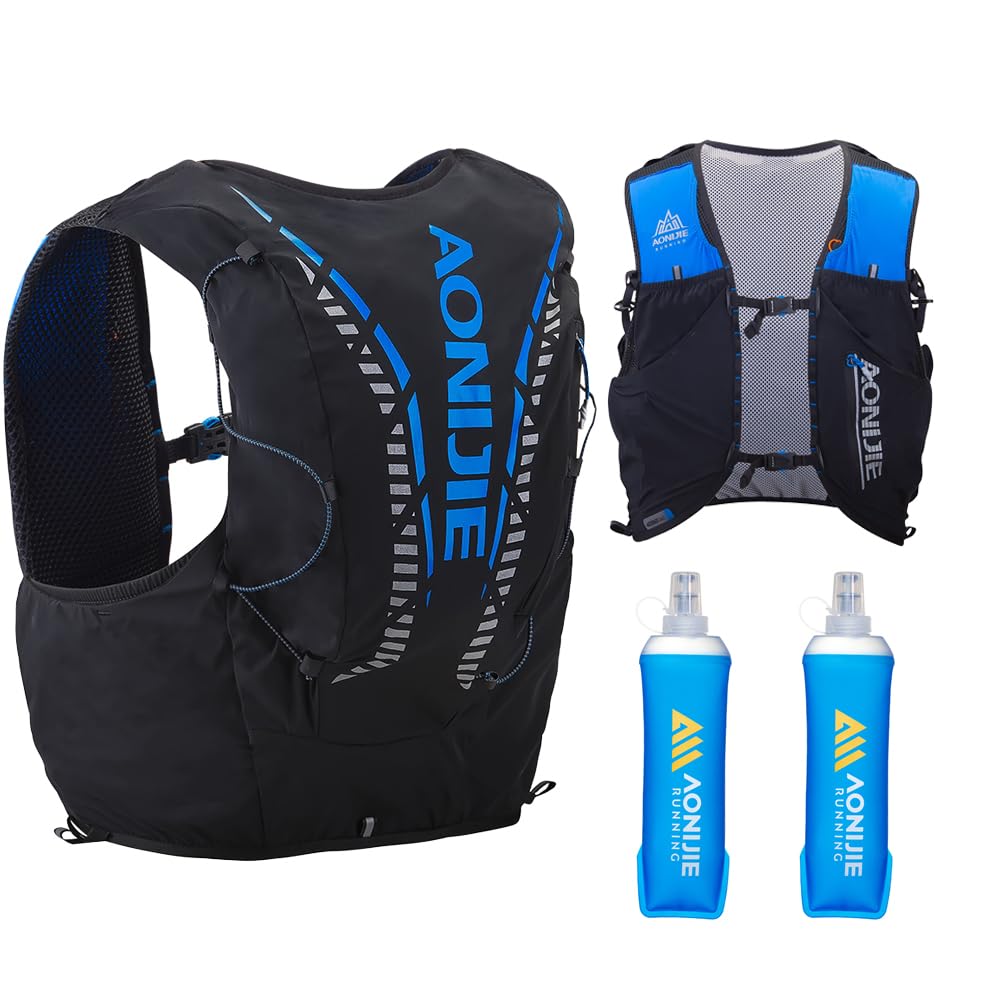 AONIJIE Running Hydration Vest 12L for Men and Women, Lightweight Hiking Backpack with 2 Soft Flasks for Running Hiking (Black with 2 Bottle, L/XL)