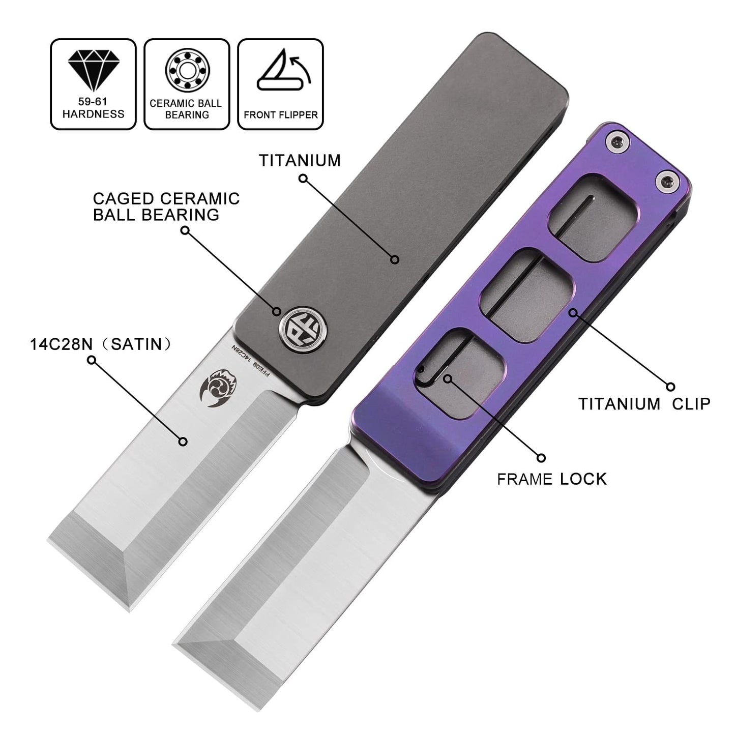 Petrified fish PFE09 Cash Folding Knife,1.81" 14C28N Satin Blade, 1.69oz Titanium Handle Front Flipper Pocket knife for EDC (Purple)