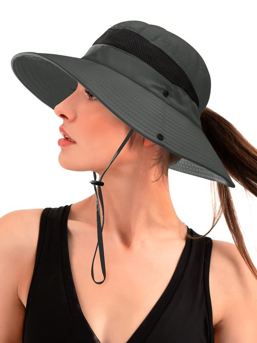 Sun Hat with Ponytail Hole for Women,UPF 50+ UV Protection Wide Brim Safari Hking Waterproof Foldable Beach Bucket Hat Dark Grey