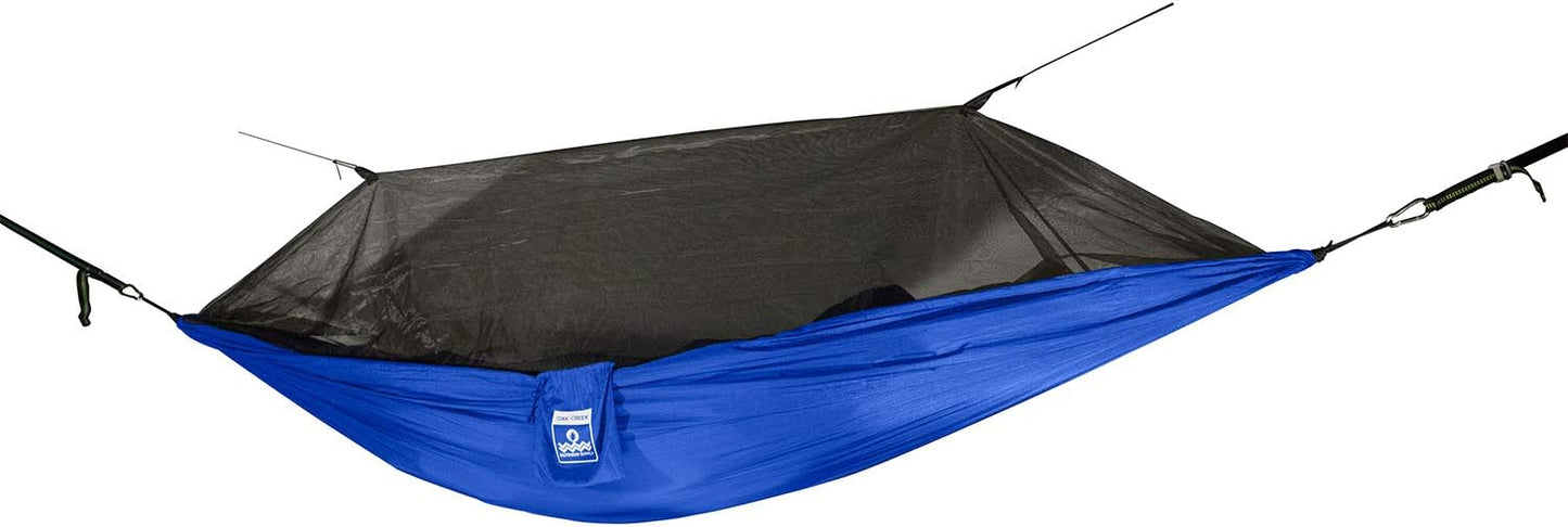 Oak Creek Lost Valley Camping Hammock. Bundle Includes Mosquito Net, Rain Fly, Tree Straps, Compression Sack. Weighs Four Pounds, Perfect for Camping. Lightweight Nylon Single Hammock. Blue and Gray