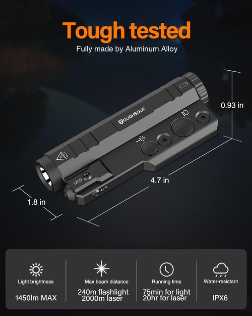 TOUGHSOUL Mlok Flashlight Laser Sight Combo, 1450 Lumen Max Light with Green Laser, Momentary Strobe Function Replaceable Battery Included