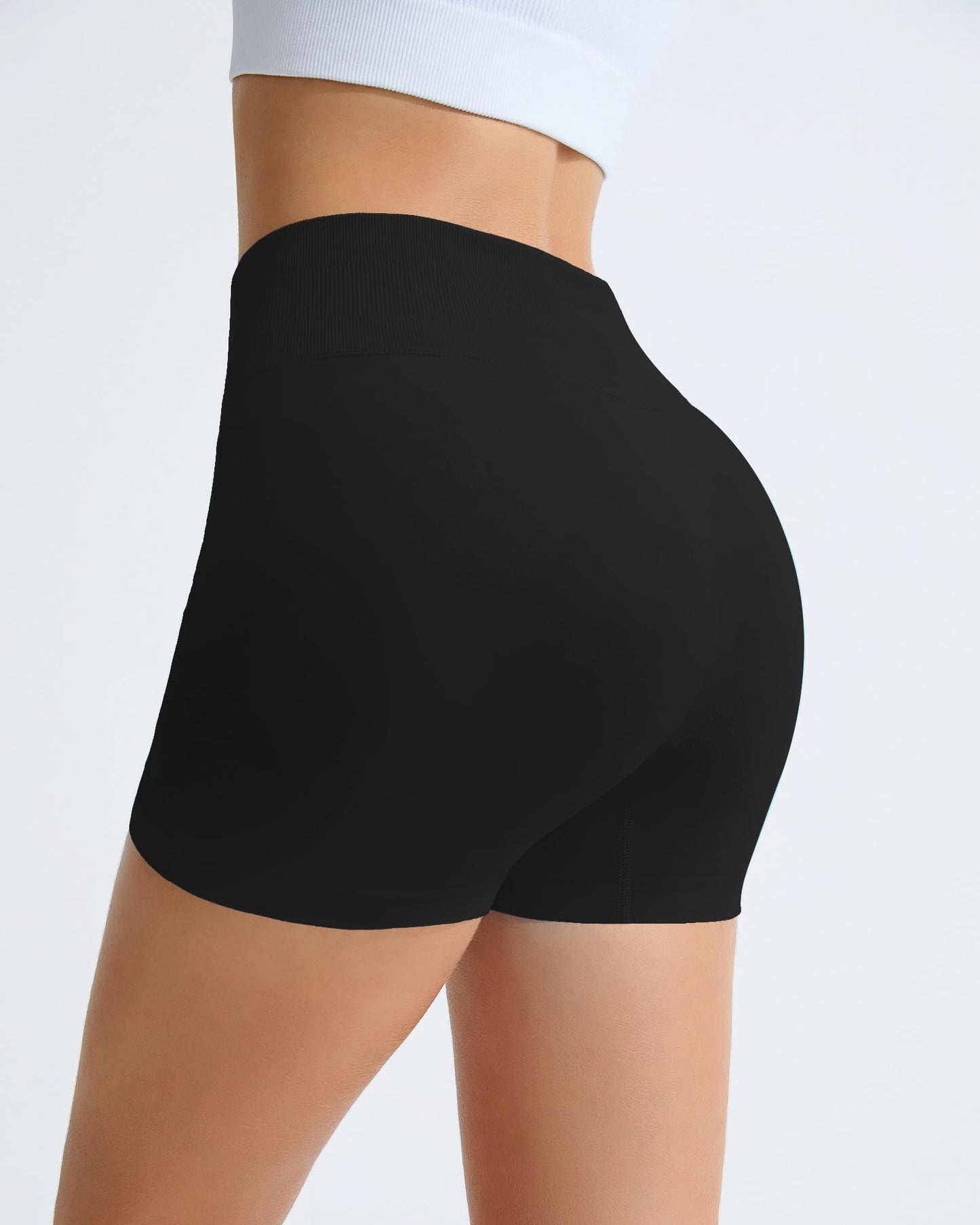 RIOJOY Womens Workout Shorts 4" Seamless High Waisted Scrunch Sports Yoga Fitted Short Tummy Control Running Biker Athletic No Front Seam Pants Soft Lightweight Booty Leggings Black S
