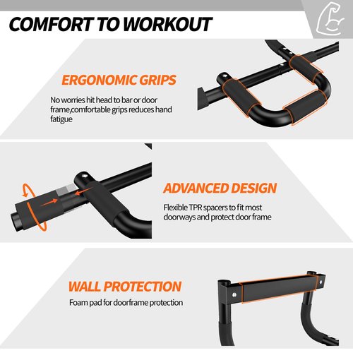 NOWAKE Pull up bar For Doorway,300lbs Heavy Duty Adjustable Width Portable Functional Ergonomic Design Door Frame Chin Up Bar With USA Patent For Home Fitness Workouts