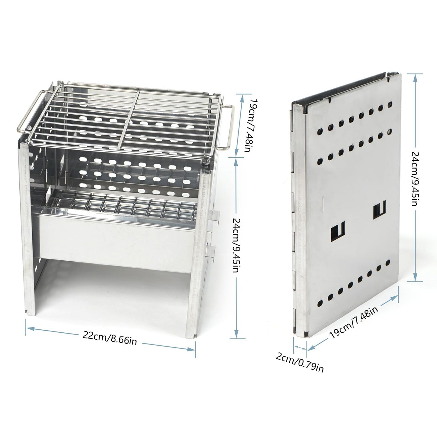 HAWOK Stainless Steel Folding Outdoor Stove with Carrying Bag and Stainless Steel Grill, 8.7"L x 7.5"W x 9.5"H, Portable Wood Burning Grill