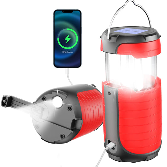5000 Large Capacity Solar Hand Crank Flashlight with 8H Play Time, Survival Light, USB Charger for Cellphone, Portable Solar Camping Light,Electric LED Camping Lantern for Emergency (red)