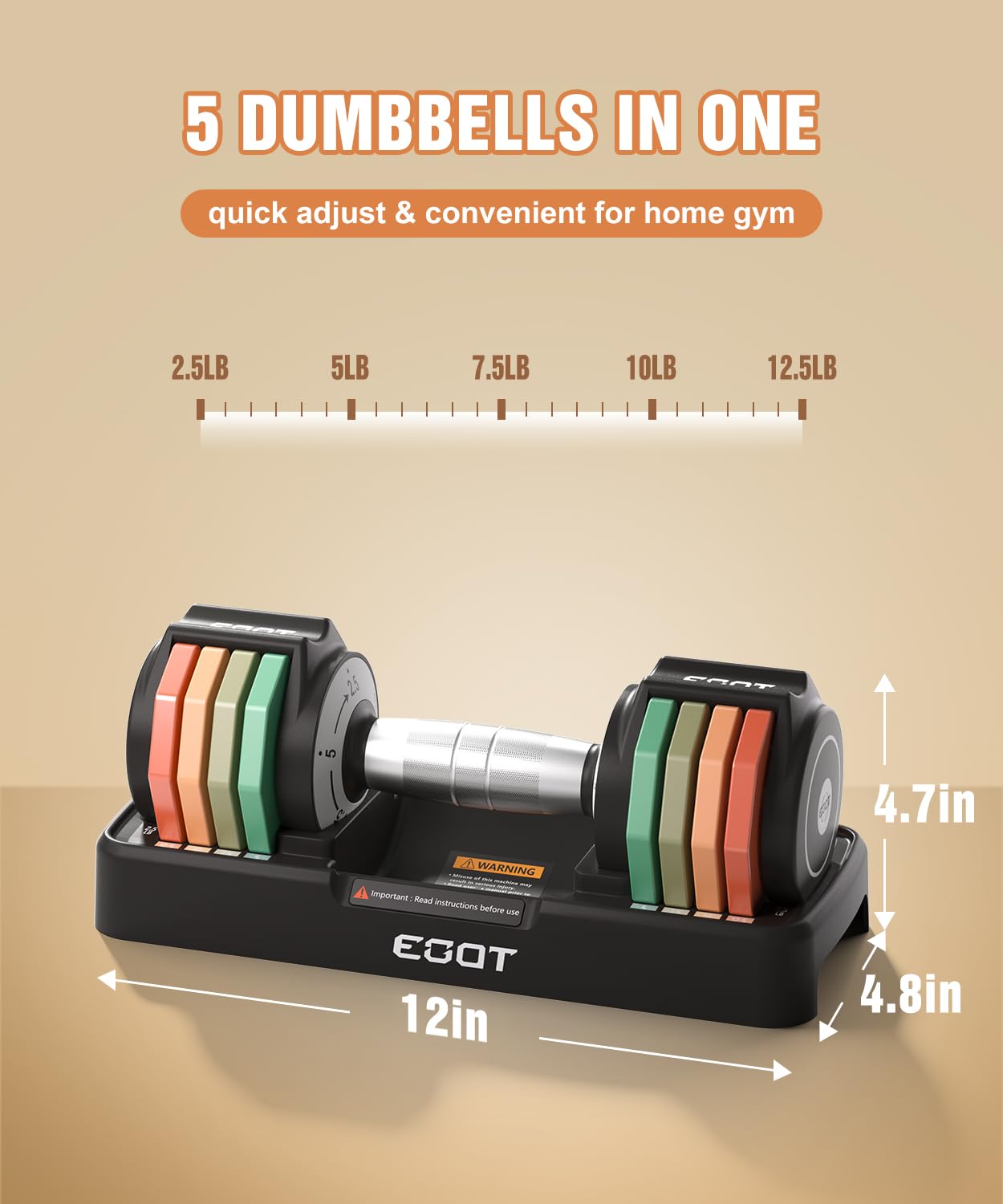 Adjustable Dumbbell Set, EOAT 2.5 to 12.5 lbs Free Weights Dumbbells Pair with Tray for New Beginner, Exercise & Fitness Dumbbells with Anti-Slip Handle & Rainbow-colored Weight Plates