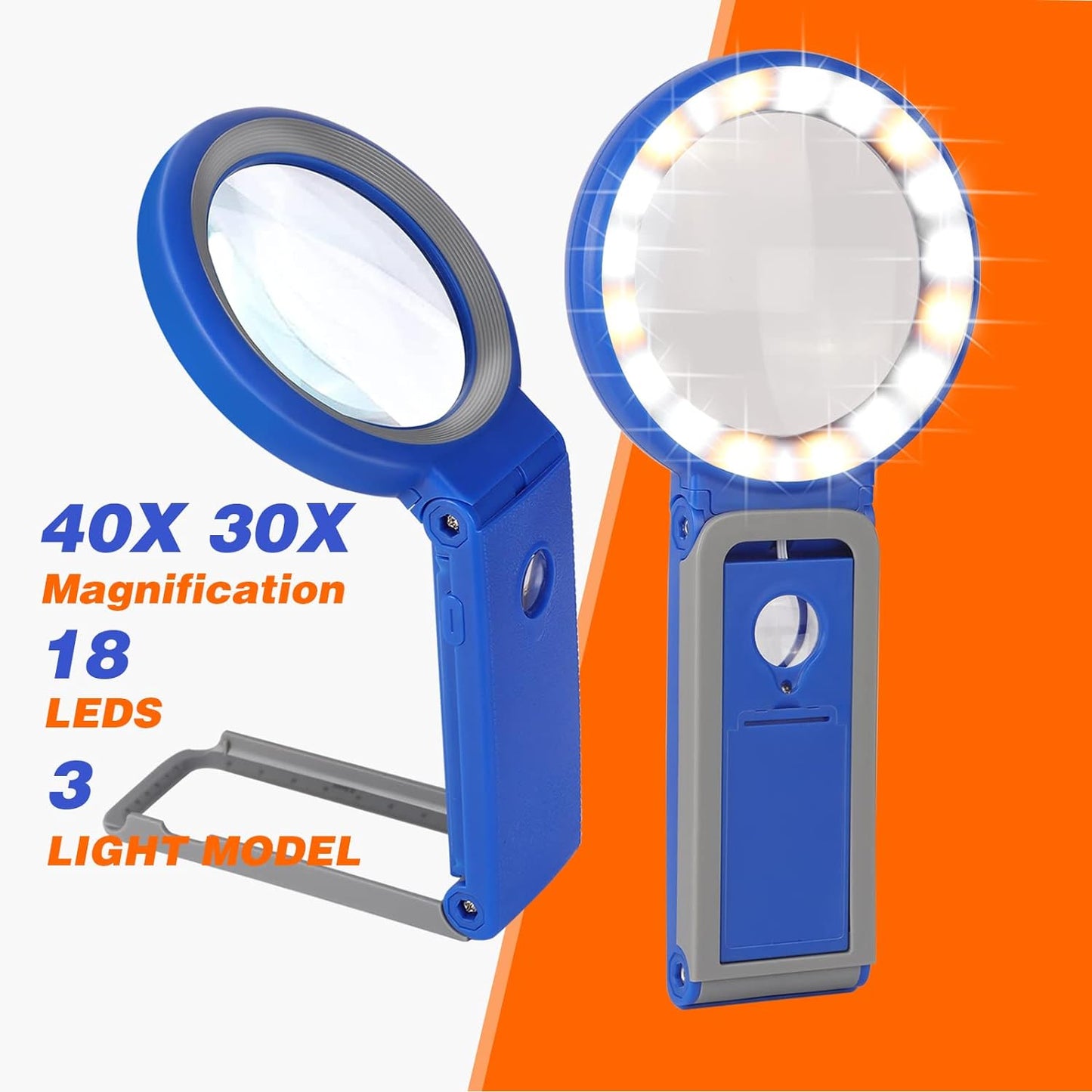 30X 10X Magnifying Glass with Light and Stand, Foldable Handheld Magnifying Glass 18 LED Illuminated Lighted Magnifier for Macular Degeneration, Seniors Reading, Close Work, Coins, Jewelry