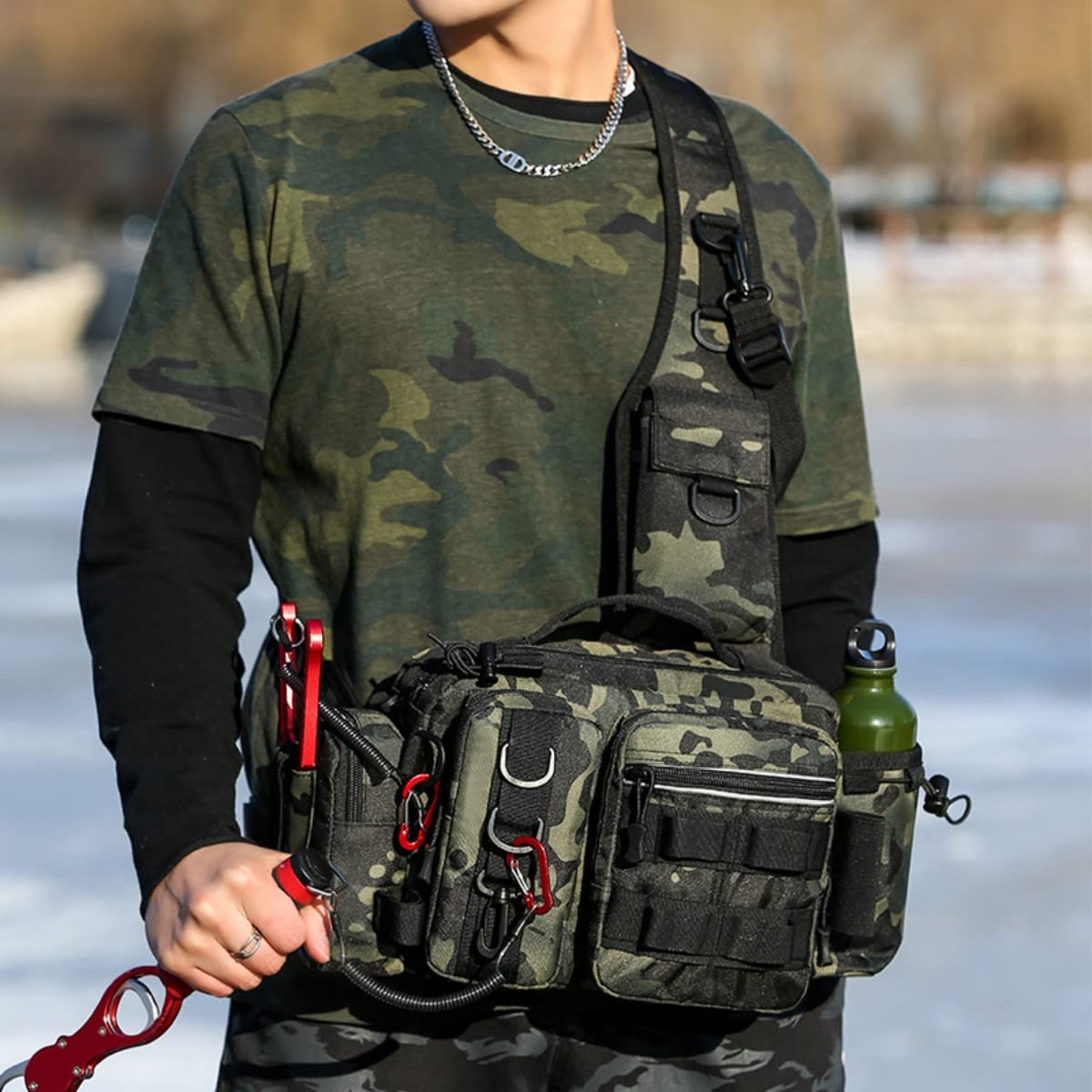 YAOYAOLING Fishing Tackle Bag,Tactical Fishing Sling Tackle Storage Bag,Lightweight Sling Fishing Backpack- Sling Tool Bag for Fishing Hiking Hunting Camping