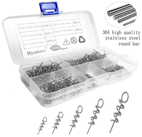 Hyamass 200Pcs 5Sizes Small Soft Lure Bait Spring Twist Lock Outdoor Fishing Crank Hook Centering Pin for Soft Lure Bait Worm Crank（11mm,14mm,18mm,22mm,26mm）