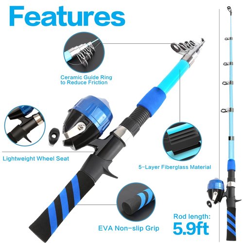 Yoilreyl Kids Fishing Rod and Reel Combo Push Button Small Collapsible TelescopicFishing Pole Kit Beginner Youth Boys Girls Fishing Starter Set Tackle(Spinning Rod+Casting Rod)
