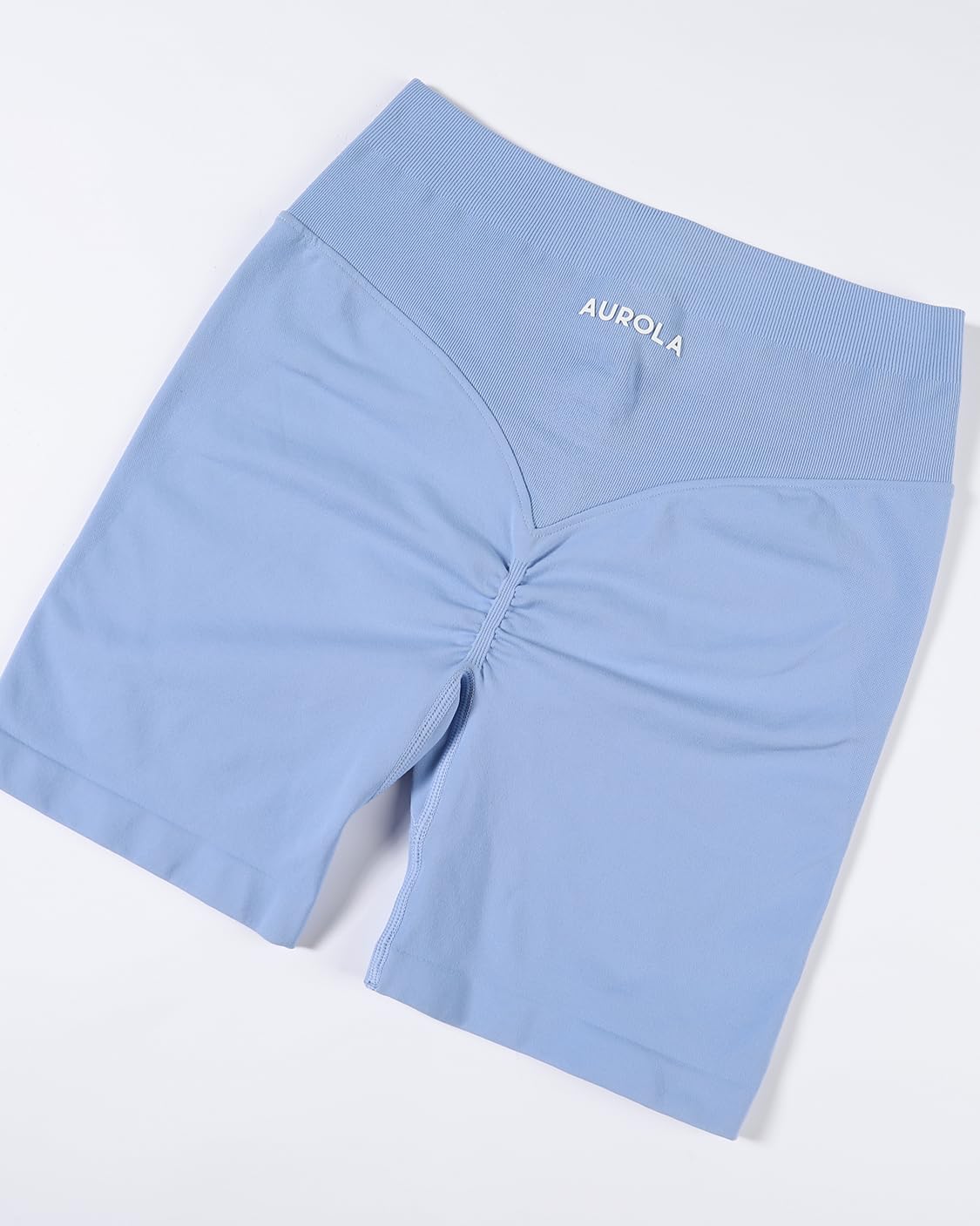 AUROLA Impressive Collection Workout Shorts for Women,High Waisted V-Shape Seam Gym Embossed Logo Athletic Fitness Short(Airy Blue,S)