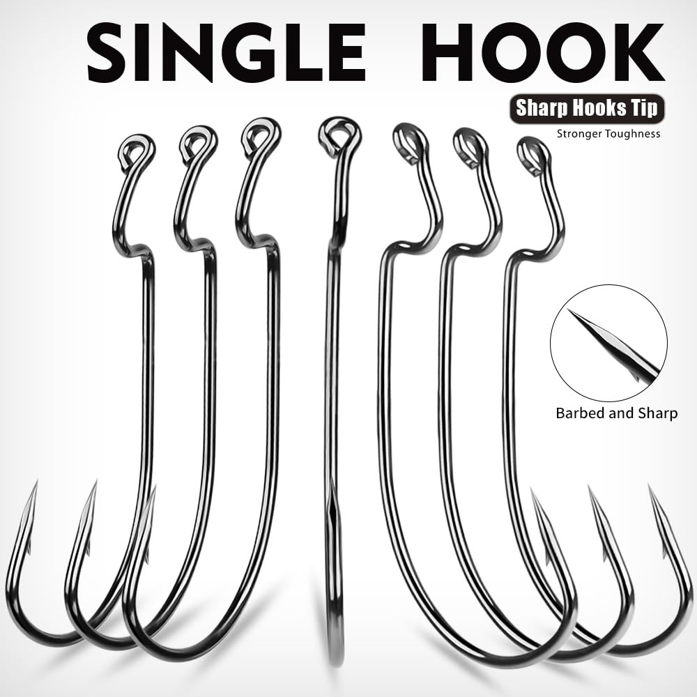 Fishing Hooks for Bass Fishing - 50pcs EWG Offset Worm Hook Texas Rig Hooks for Freshwater Saltwater Size 1/0 2/0 3/0 4/0 5/0 - Soft Lures Worms Plastics Bait Fishing Hook with Tackle Box