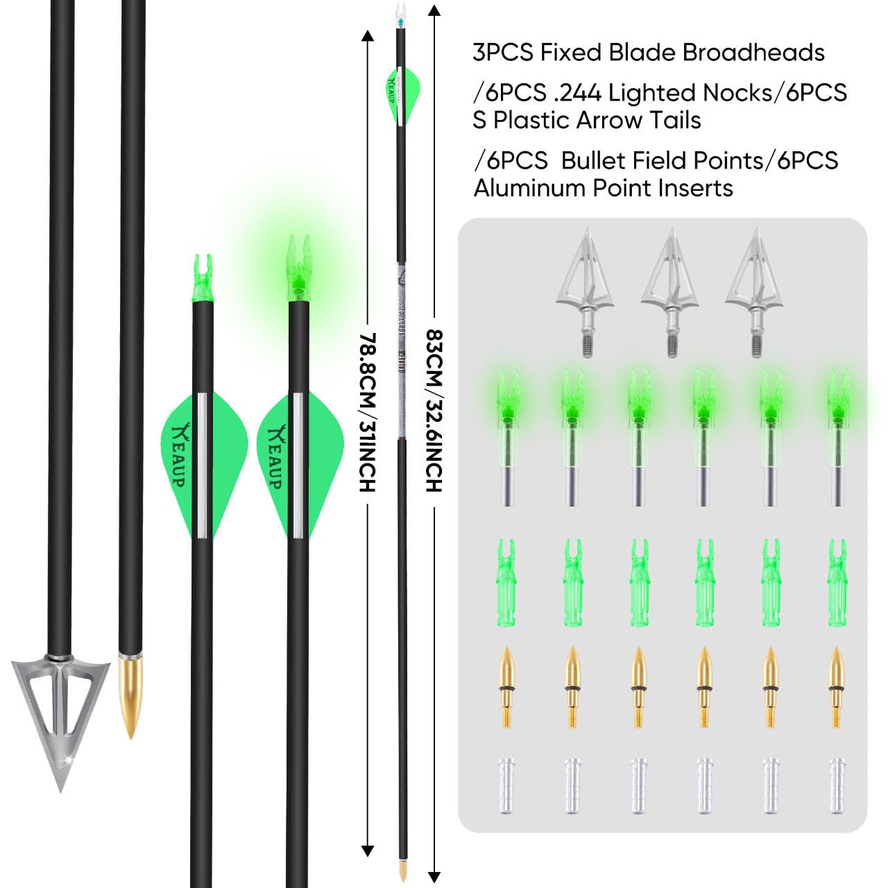 KEAUP 31 inch 100% Carbon Arrows and Broadheads .244/6.2mm Lighted Nocks Set, 6 Pack Hunting Compound Bow and Recurve Bow Shaft Spine 300/350/400/500 (Spine 350, Green)