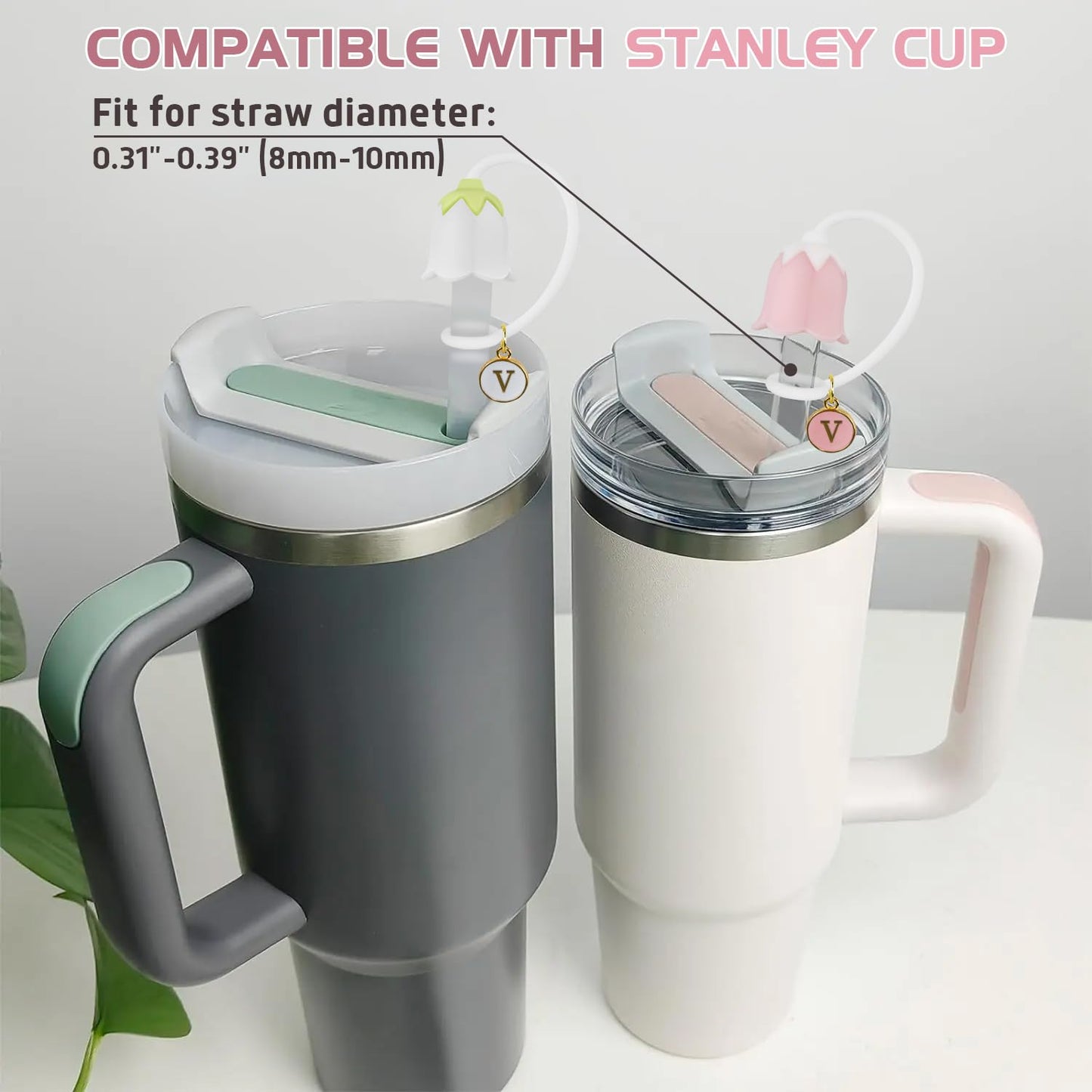3Pcs Stanley Cup Straw Cover Toppers With Letter Charm, 10mm Silicone Tulip Flower Covers Lid for Stanleys Cups, Water Bottle, Simple Modern, Yeti, Hydroflask, Owala 30 40 oz