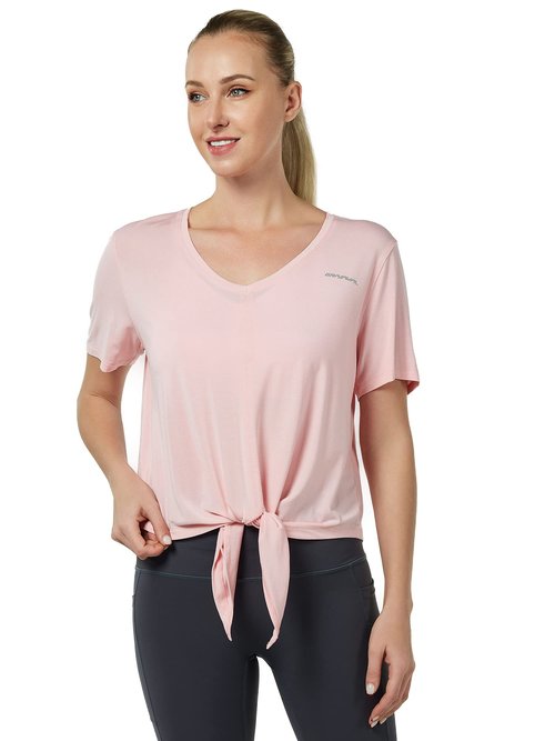 GRAMVAL Tie Front Womens T Shirts, Short Sleeves V Neck Tee Tops Athletic Workout Gym Yoga Sweatshirts Pink XL
