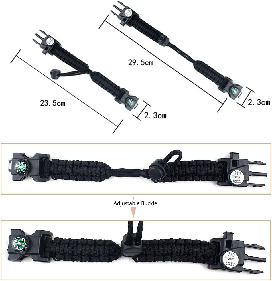 Adjustable Survival Bracelet, 7 Core Paracord 20 in 1 Emergency Sports Wristband Gear Kit with Waterproof LED SOS Light, Compass, Rescue Whistle, Fire Starter Multi-tool for Wilderness Adventure