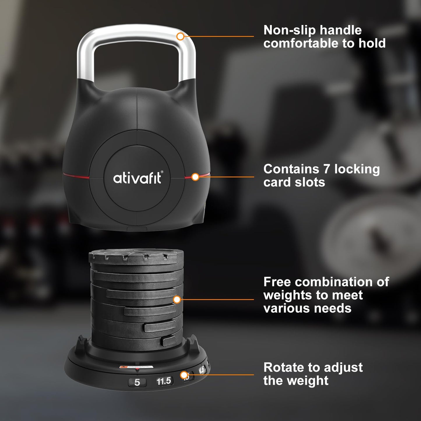 Ativafit 7 in 1 Adjustable Kettlebell 5-44lbs Adjustable Kettlebell with Solid Aluminum Handle Quick Adjustment Weights With Safety Locking Systerm Space Saving Strength Training For Women and Men Full Body Home Gym Workout