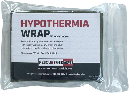 Rescue Essentials Hypothermia Wrap Blanket, Oversized 60" x 96", Mylar/Lightweight Polyethylene Fabric (OD Green)