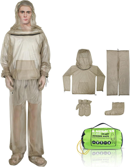 HOMEYA Bug Jacket L/XL, Anti Mosquito Netting Suit with Zipper on Hood Ultra-fine Mesh Pants Mitt Socks with Free Carry Pouch for Protecting Hunting Fishing Men Women
