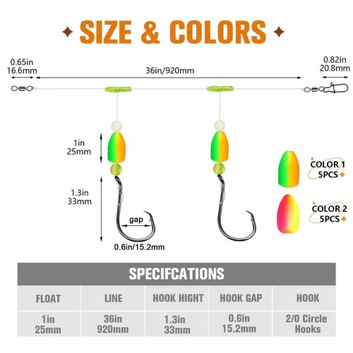 Dovesun Pompano Rigs for Surf Fishing Unique T-Knot Strong Pre-Rigged Pompano Rigs Saltwater Bullet Float(2colors)*2/0 Hook*10PCS