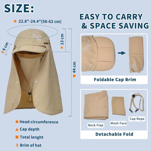 Dawfold Fishing Hat Sun Cap for Men Women, UPF 50+ Sun Protection Hat Foldable Cap with Mesh Face Neck Flap Windproof Strap Light Grey